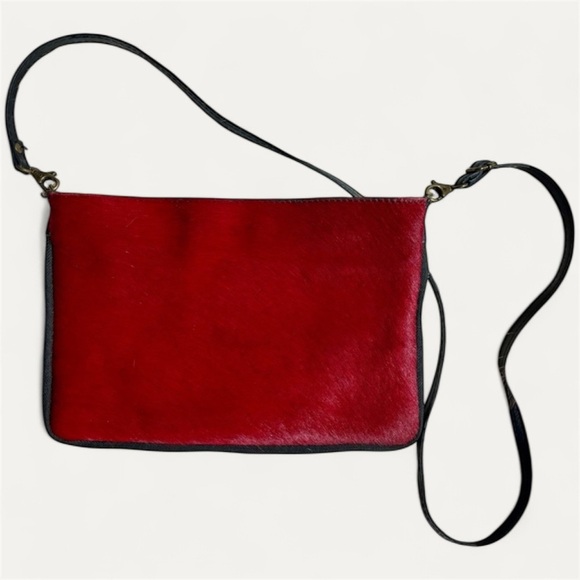 Italian Made Red Cowhide Black Leather Crossbody Bag - Picture 1 of 14